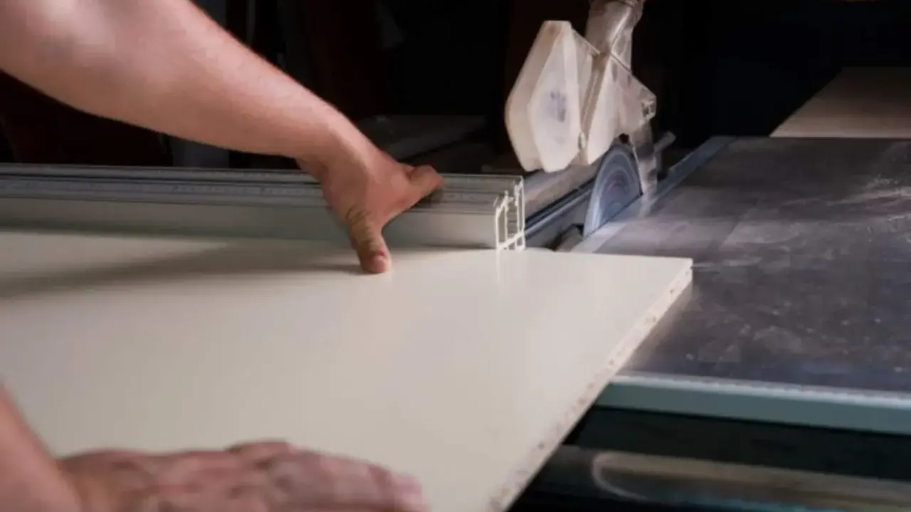 Precyzyjne cięcie płyty meblowej bez odprysków. Ręce stolarza prowadzą płytę do piły tarczowej.